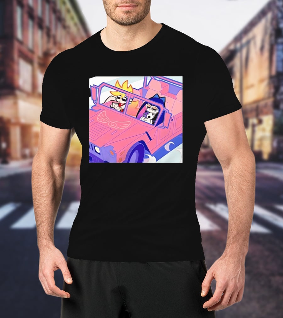 Panty And Stocking With Garterbelt Anime Characters Riding In Pink Car T-Shirt
