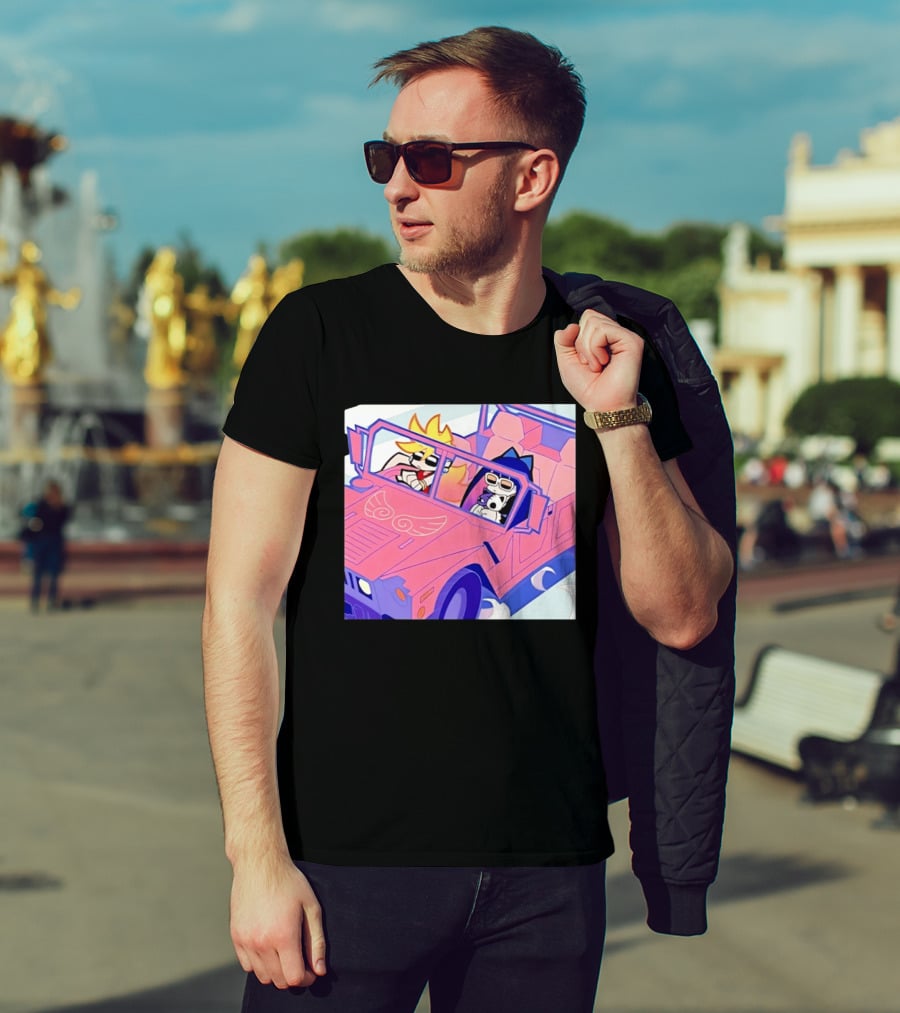 Panty And Stocking With Garterbelt Anime Characters Riding In Pink Car T-Shirt