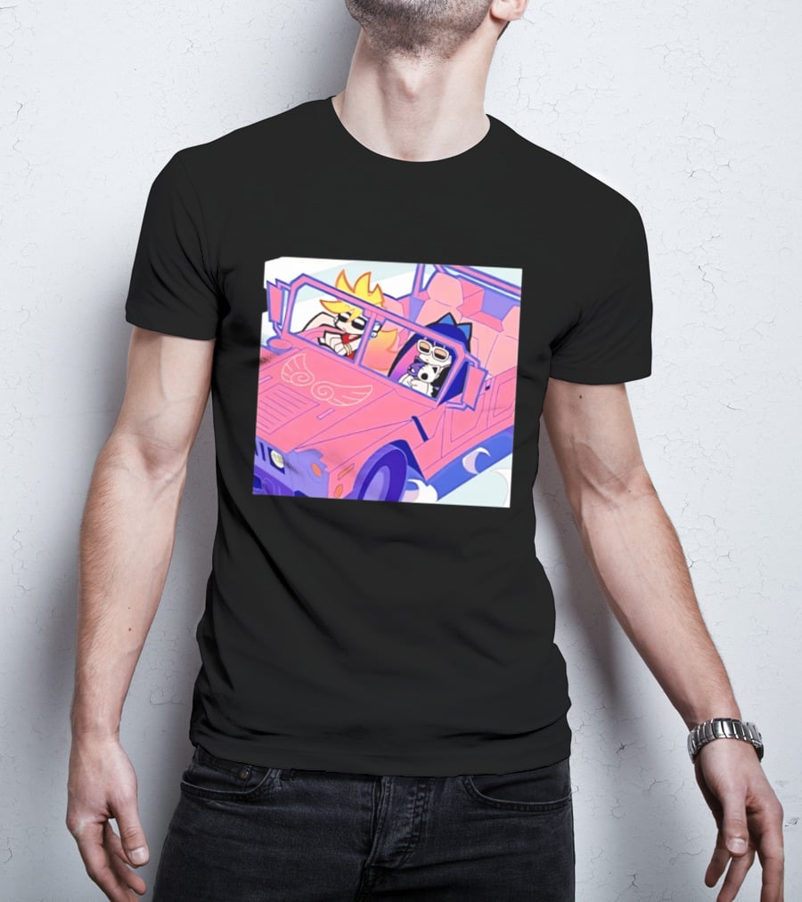 Panty And Stocking With Garterbelt Anime Characters Riding In Pink Car T-Shirt