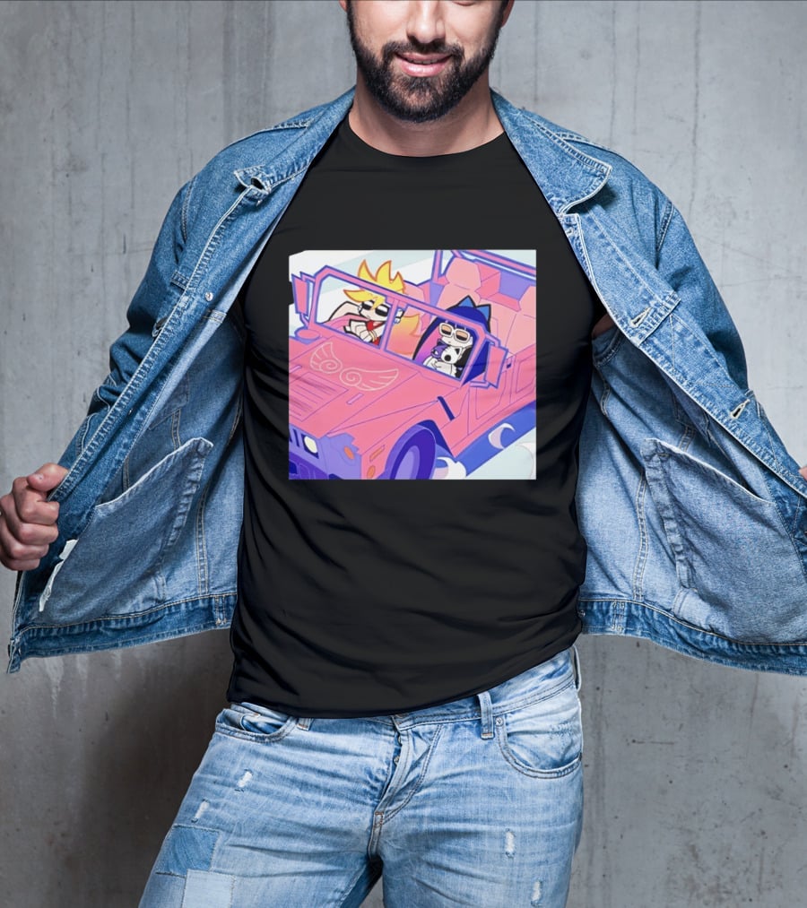 Panty And Stocking With Garterbelt Anime Characters Riding In Pink Car T-Shirt