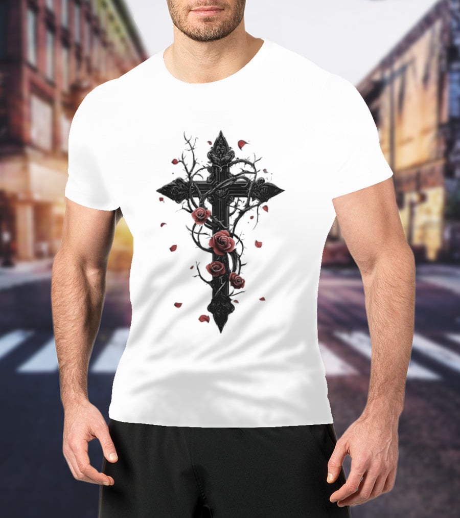 Gothic Cross Red Roses Thorns Religious Symbol Roses T-Shirt