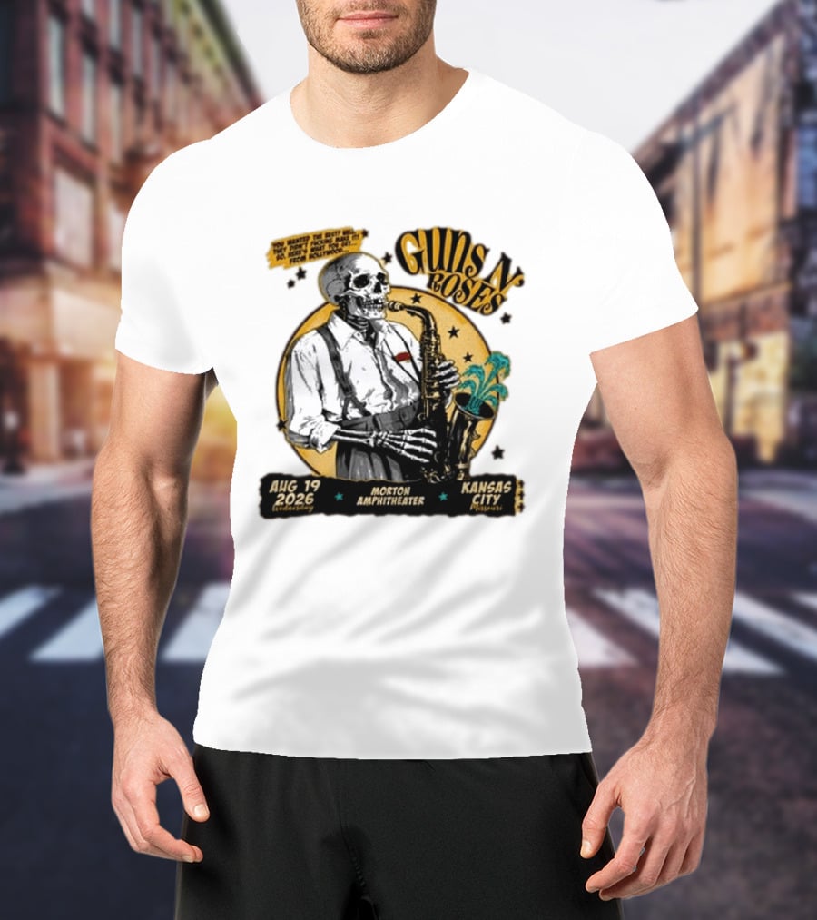 Guns N' Roses Aug 19 2026 Morton Amphitheater Kansas City Skeleton Saxophone T-Shirt