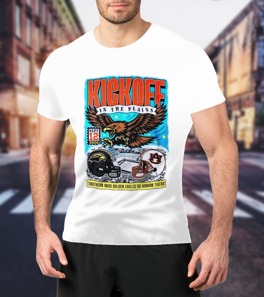 Kickoff In The Plains Southern Miss Golden Eagles Vs Auburn Tigers Sept 12 2026 Football Matchup T-Shirt