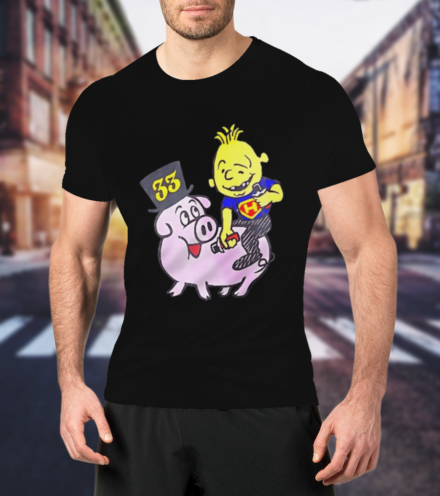33 Cartoon Boy Yellow Hair Riding Pink Pig Black Top Hat H Hero T-Shirt