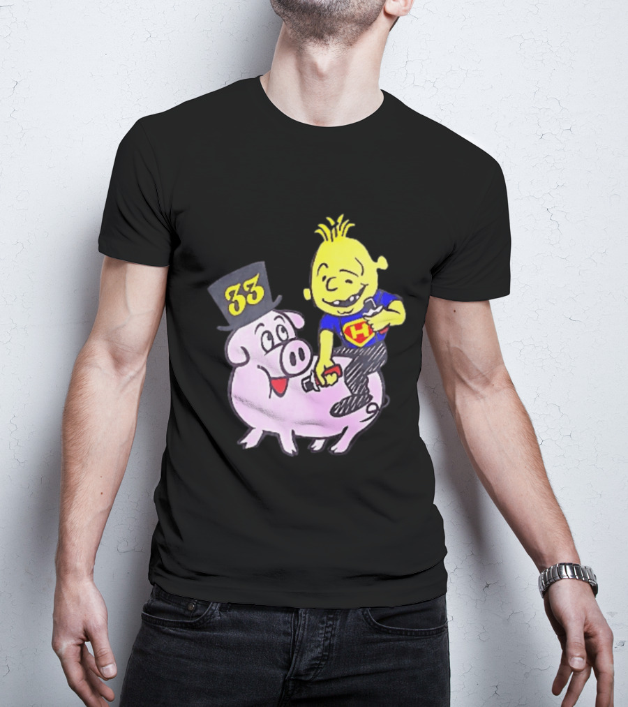 33 Cartoon Boy Yellow Hair Riding Pink Pig Black Top Hat H Hero T-Shirt
