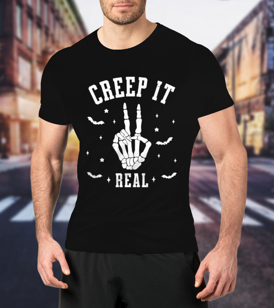 Creep It Real Skeleton Hand Peace Sign Halloween Bats Stars T-Shirt