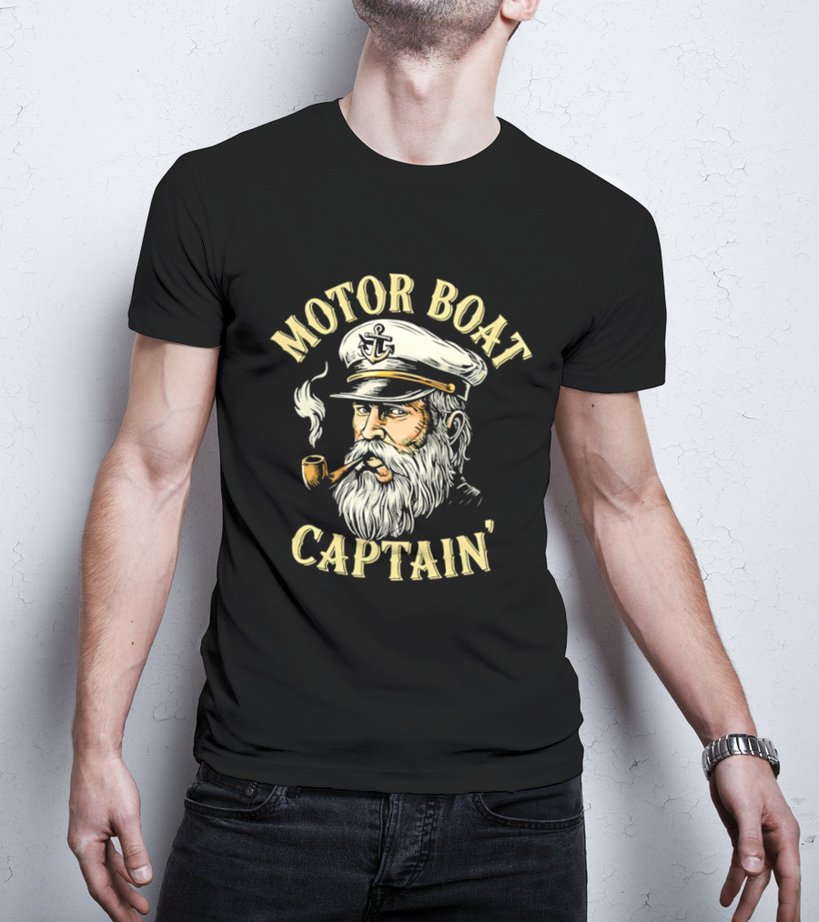 Motor Boat Captain Nautical Sea Sailor Pipe Smoking Beard T-Shirt