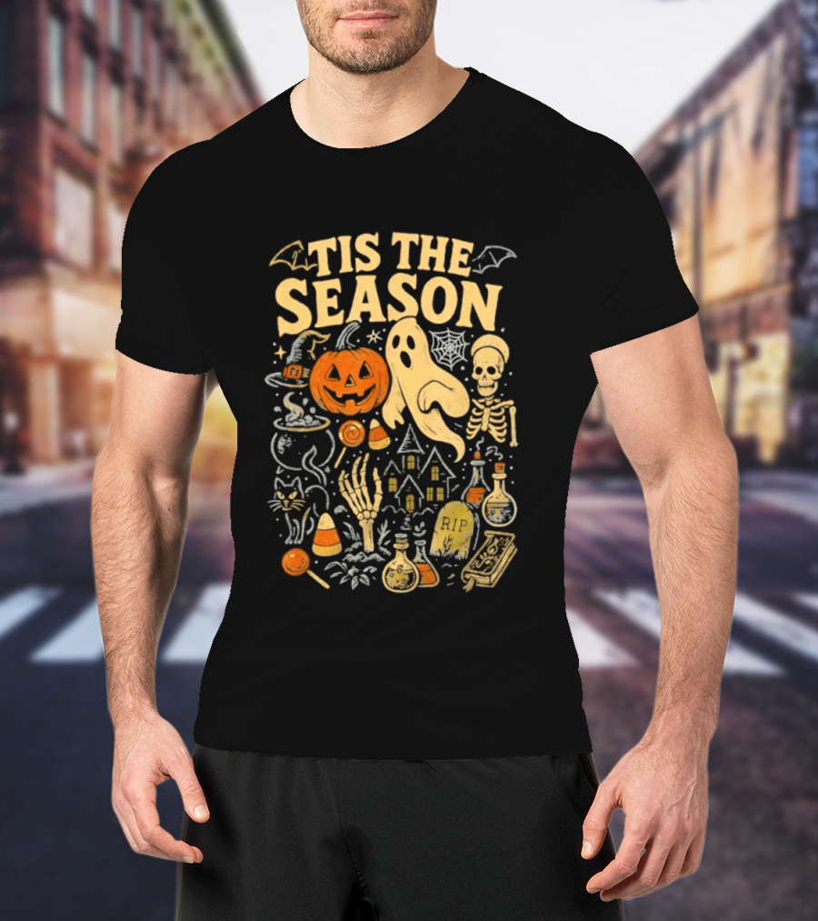 Tis The Season Halloween Pumpkin Ghost Skeleton Bats Candy T-Shirt