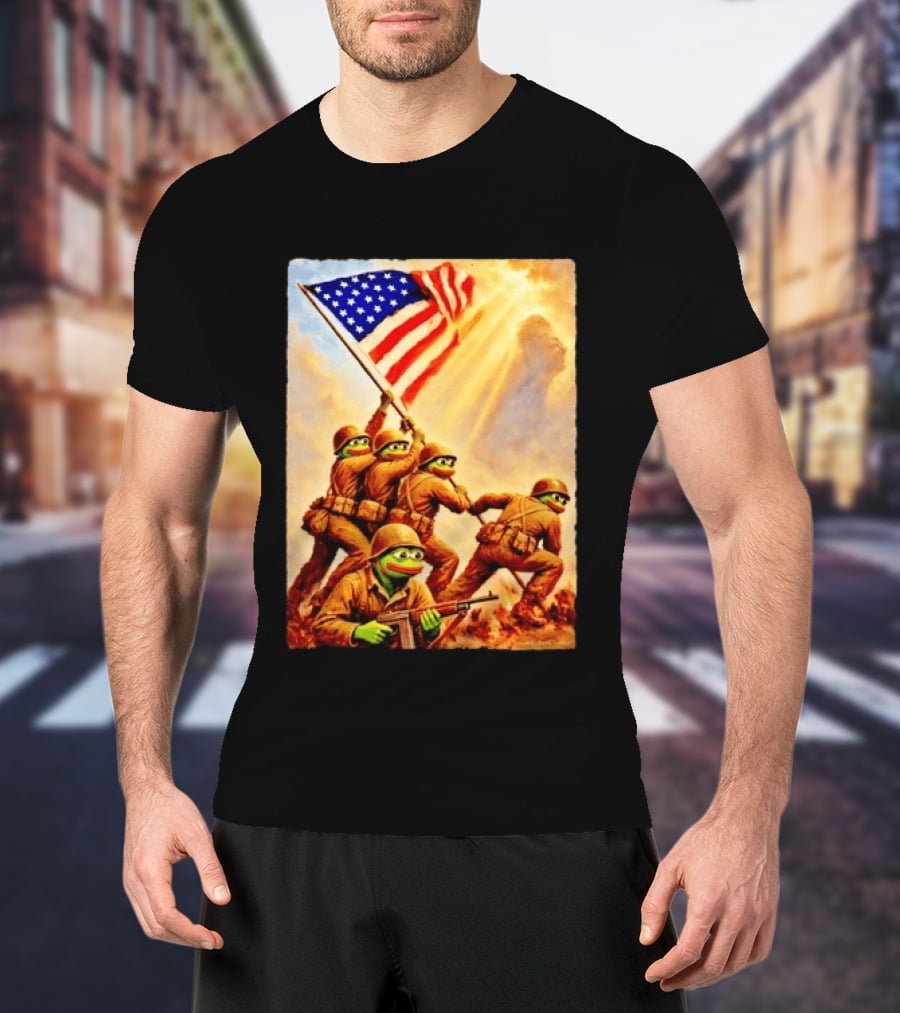 Pepe The Frog American Flag Soldiers Together We Win WWII Iwo Jima Memorial T-Shirt