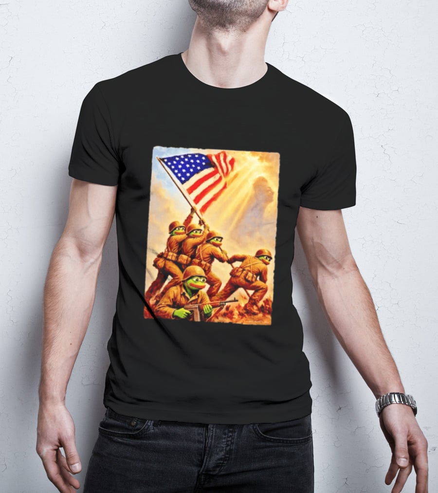 Pepe The Frog American Flag Soldiers Together We Win WWII Iwo Jima Memorial T-Shirt