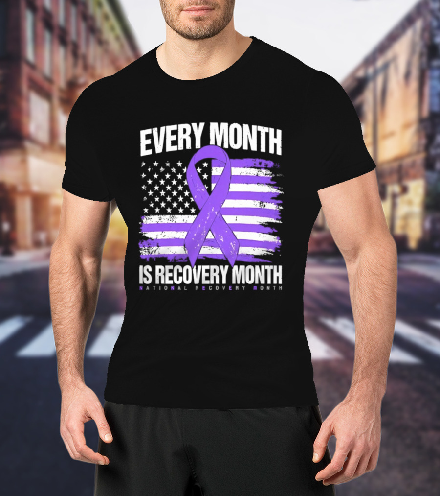 Every Month Is Recovery Month Purple Ribbon American Flag National Recovery Month T-Shirt