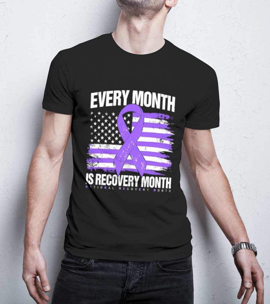 Every Month Is Recovery Month Purple Ribbon American Flag National Recovery Month T-Shirt