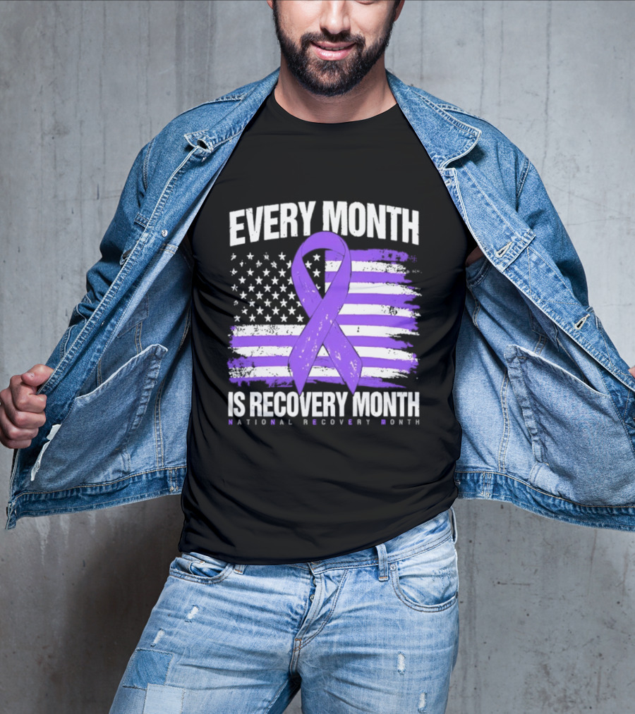 Every Month Is Recovery Month Purple Ribbon American Flag National Recovery Month T-Shirt