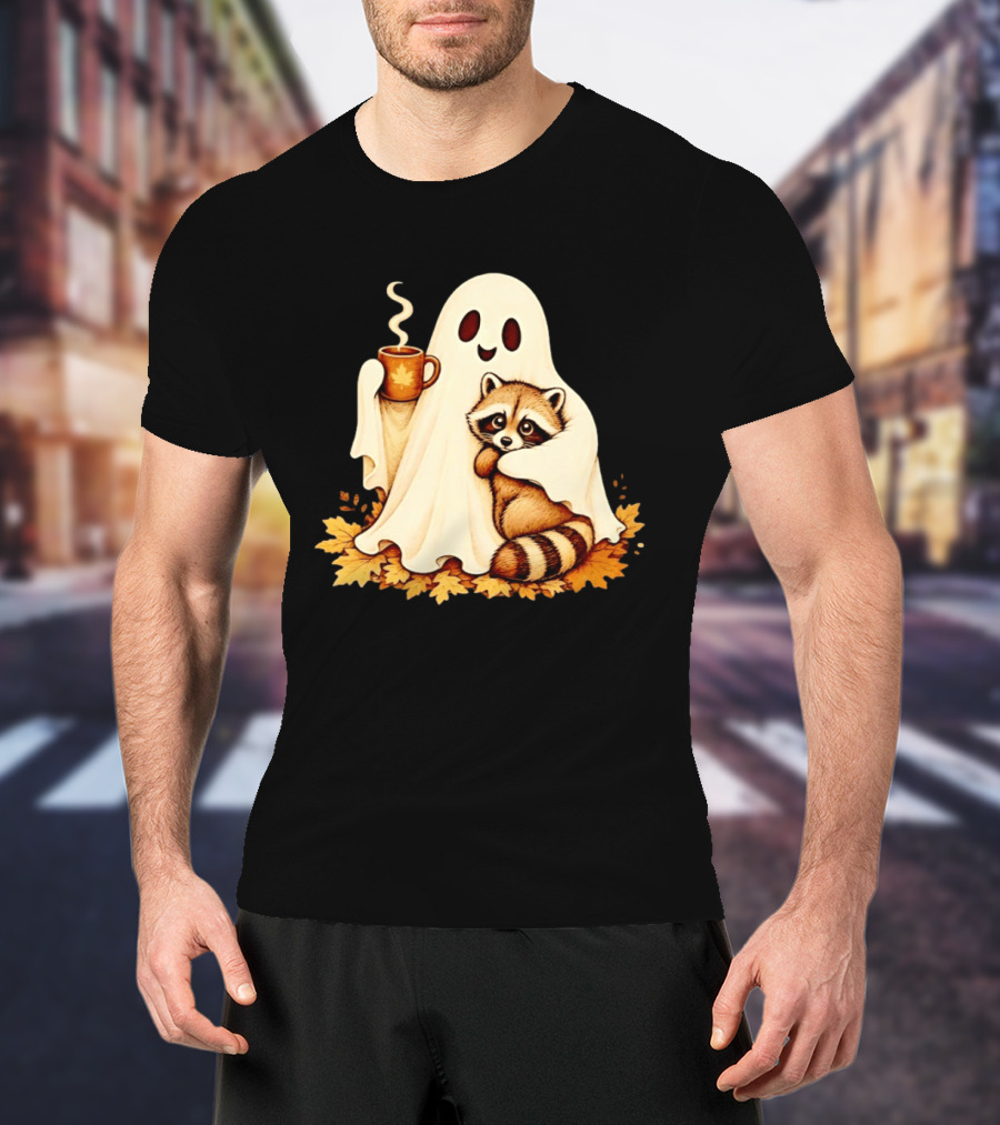 Ghost Hugging Raccoon With Coffee And Autumn Leaves T-Shirt