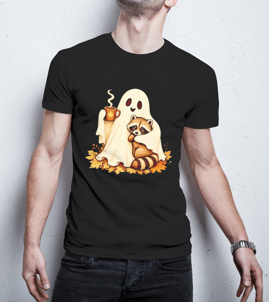 Ghost Hugging Raccoon With Coffee And Autumn Leaves T-Shirt