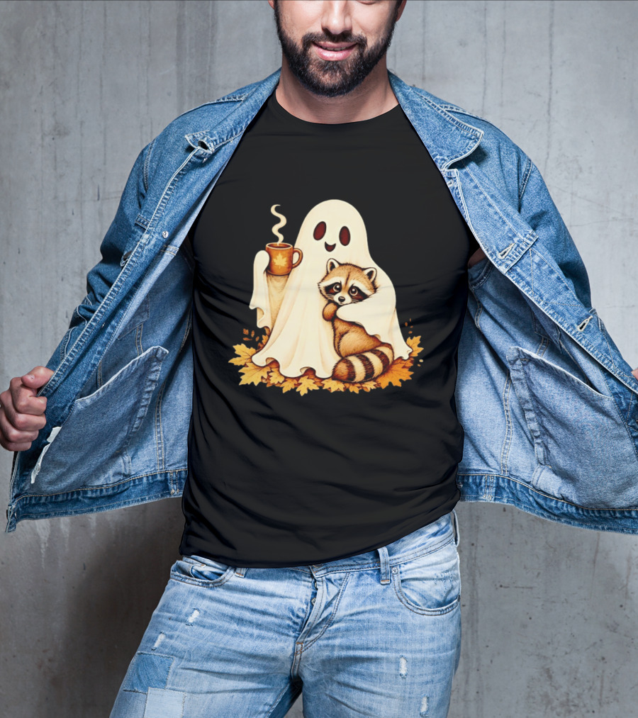 Ghost Hugging Raccoon With Coffee And Autumn Leaves T-Shirt