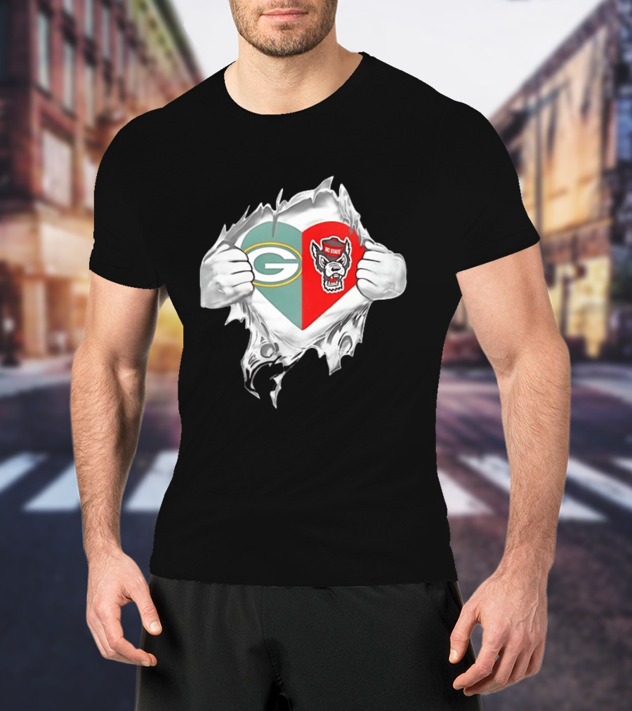 Green Bay Packers NC State Wolfpack Heart Superman Chest Rip T-Shirt