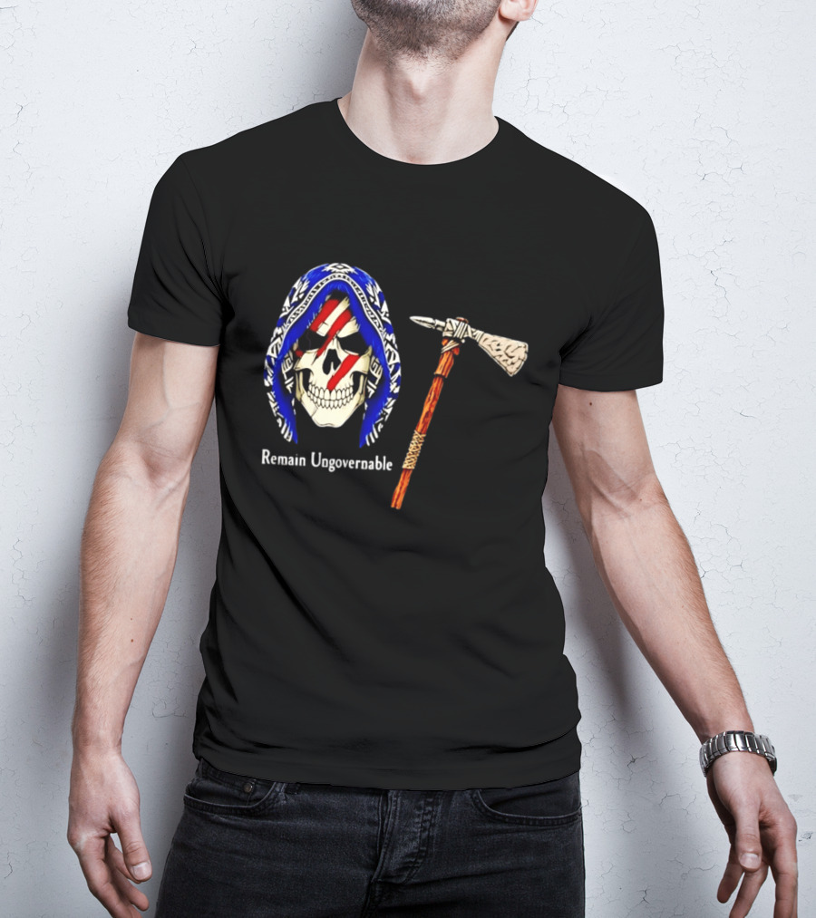 Skull With Tomahawk Remain Ungovernable Hooded Skeleton Red Marks T-Shirt