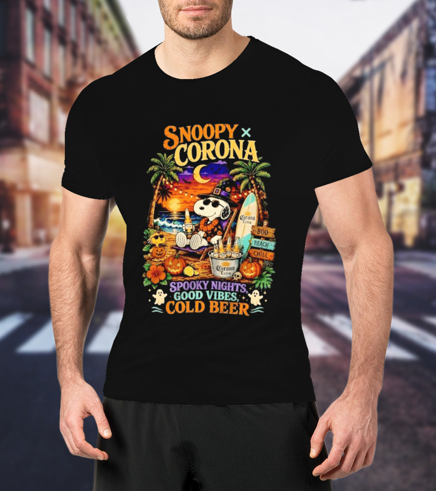 Snoopy X Corona Boo Beach Chill Spooky Nights Good Vibes Cold Beer T-Shirt