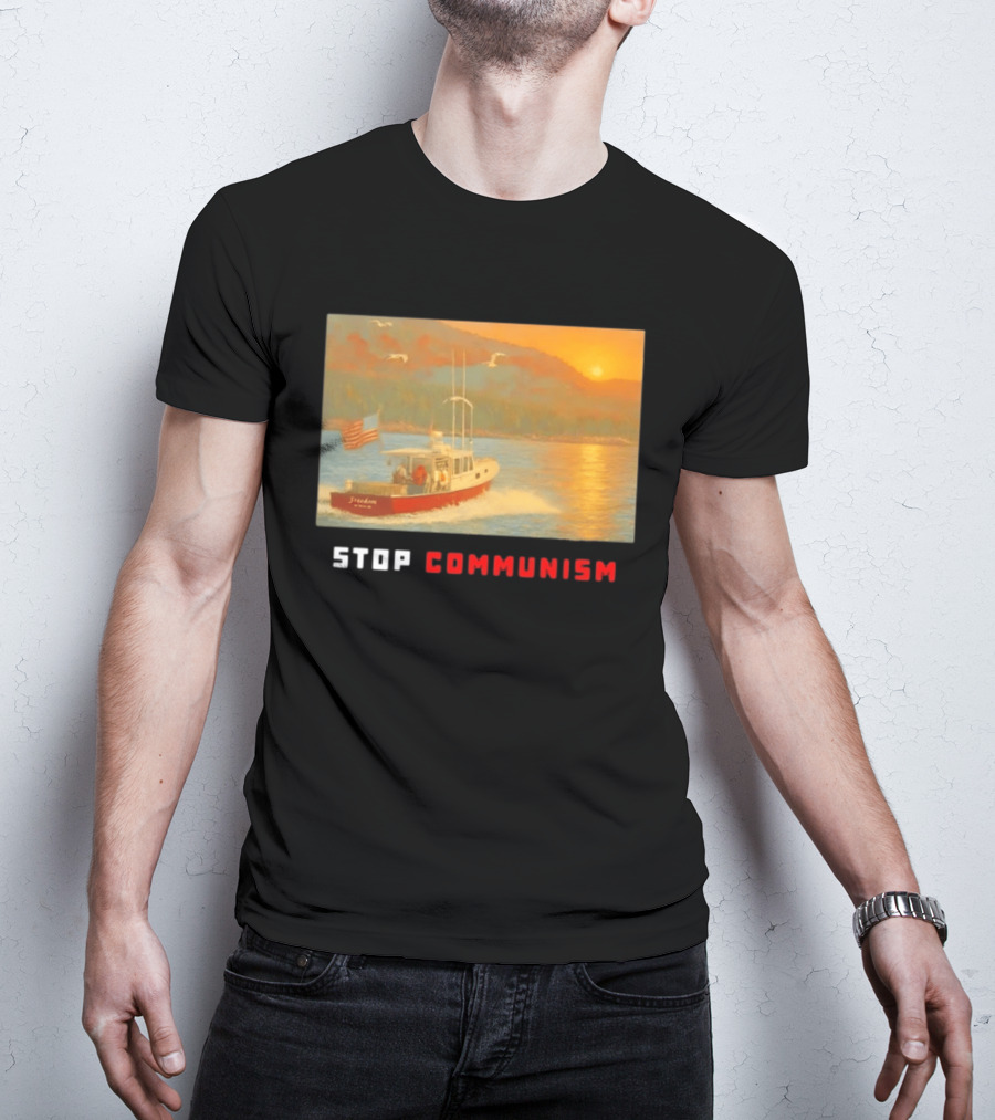 Stop Communism Freedom Boat American Flag Sunset Landscape T-Shirt
