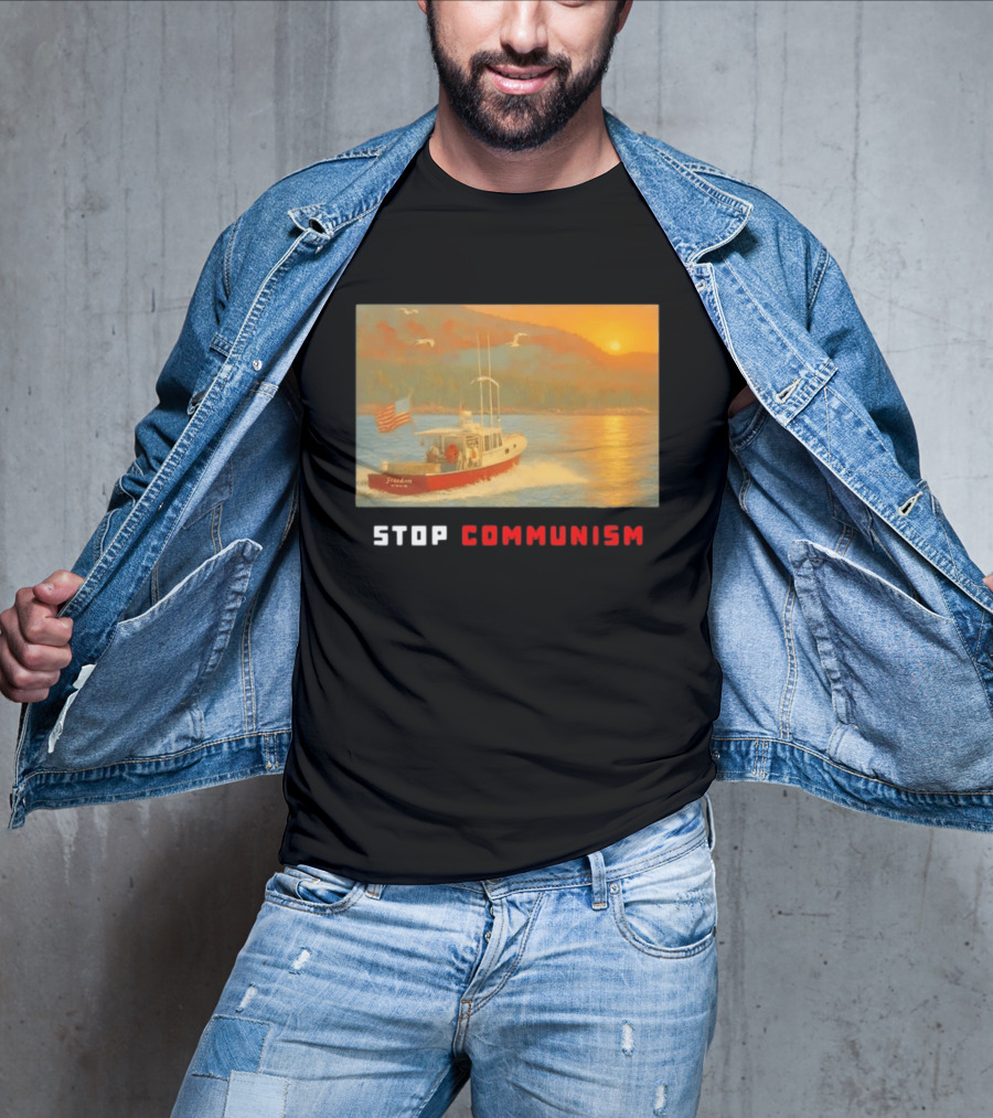 Stop Communism Freedom Boat American Flag Sunset Landscape T-Shirt