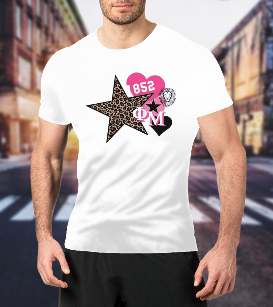 Phi Mu 1852 Leopard Star Lion 852 Pink Heart Sorority T-Shirt