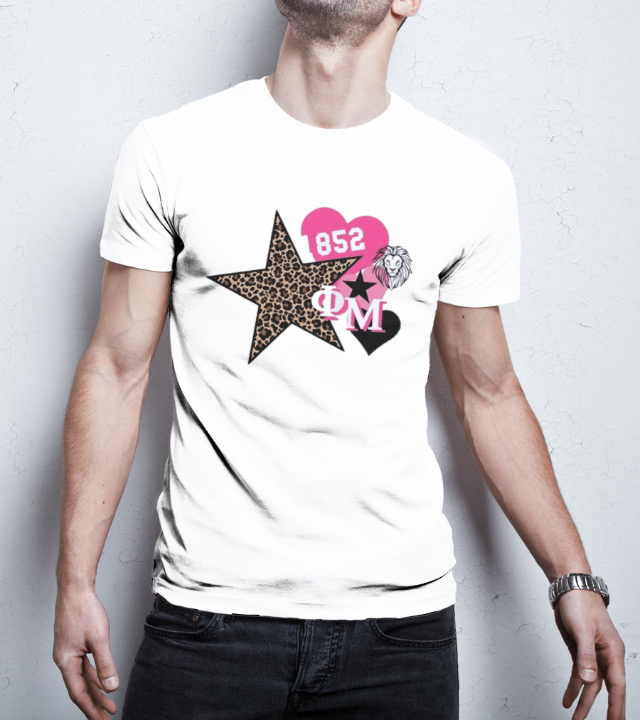 Phi Mu 1852 Leopard Star Lion 852 Pink Heart Sorority T-Shirt