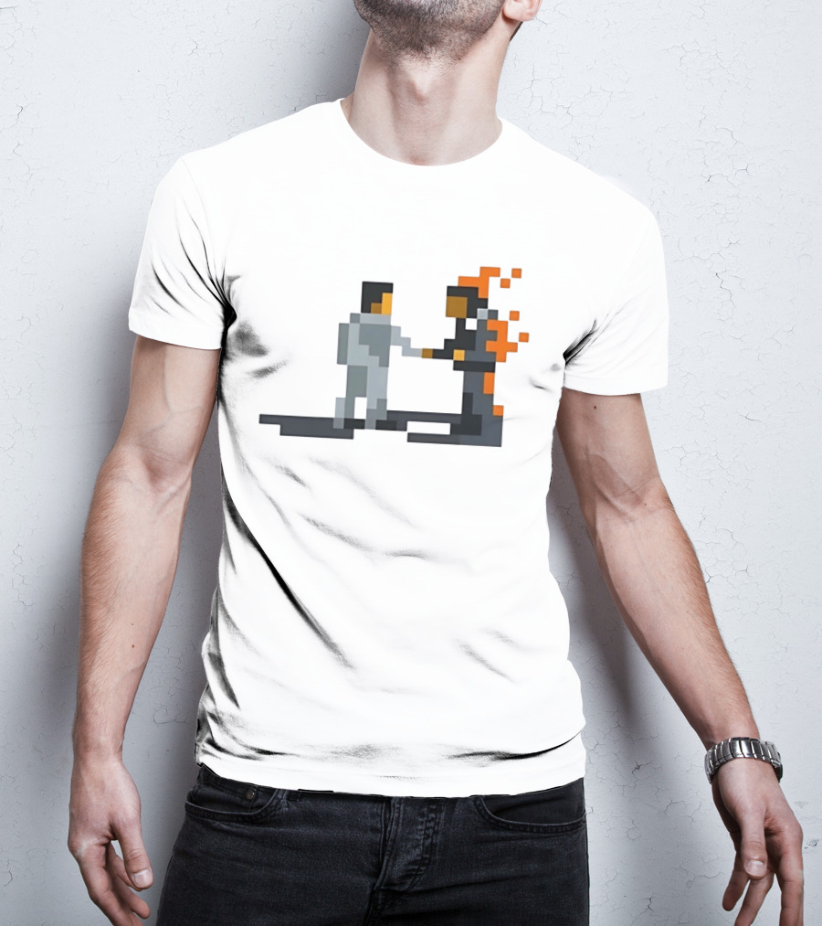 Pink Floyd Wish You Were Here Pixelated Two Men Shaking Hands Flames T-Shirt