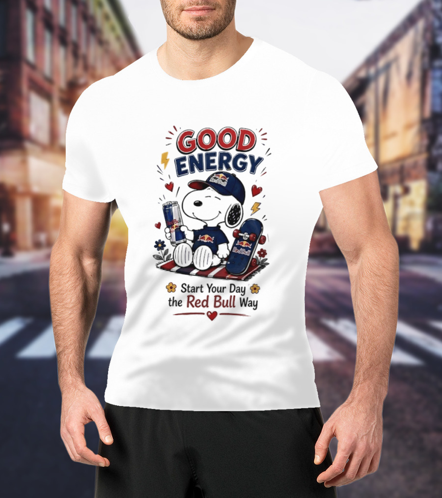 Snoopy Good Energy Start Your Day The Red Bull Way Skateboard And Drink T-Shirt