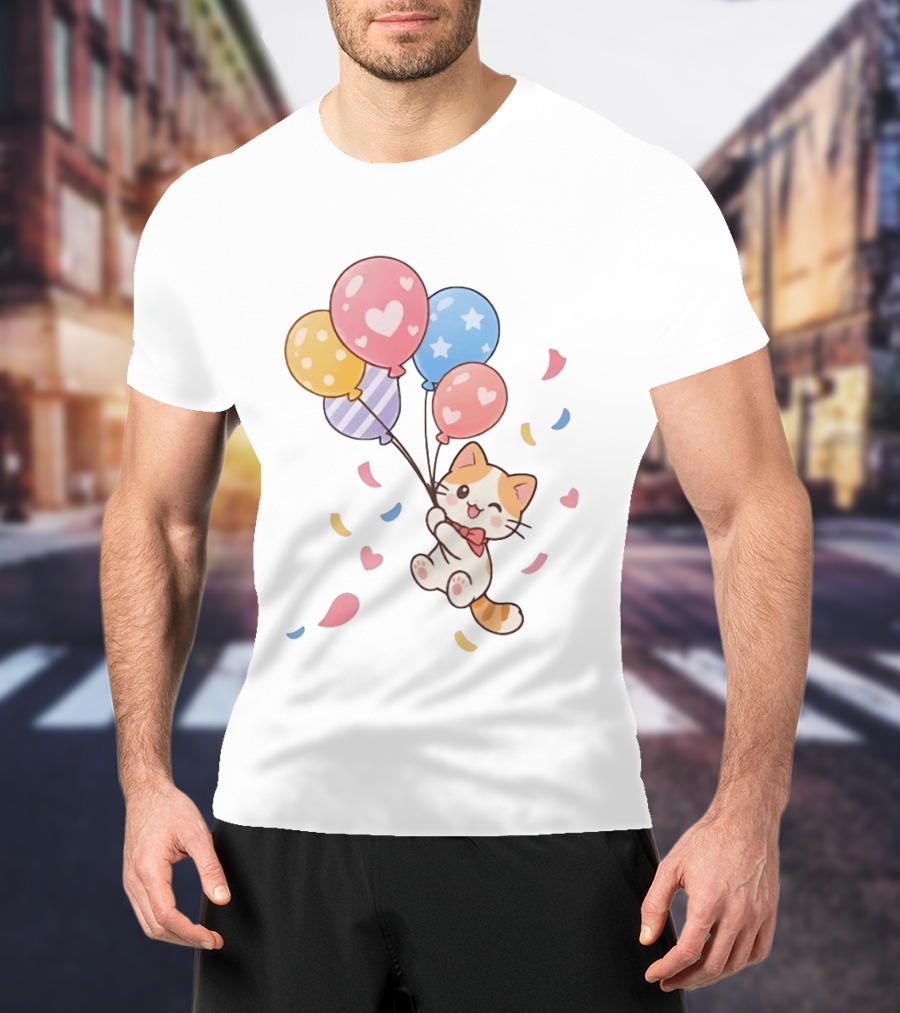 Cat Floating With Colorful Balloons T-Shirt