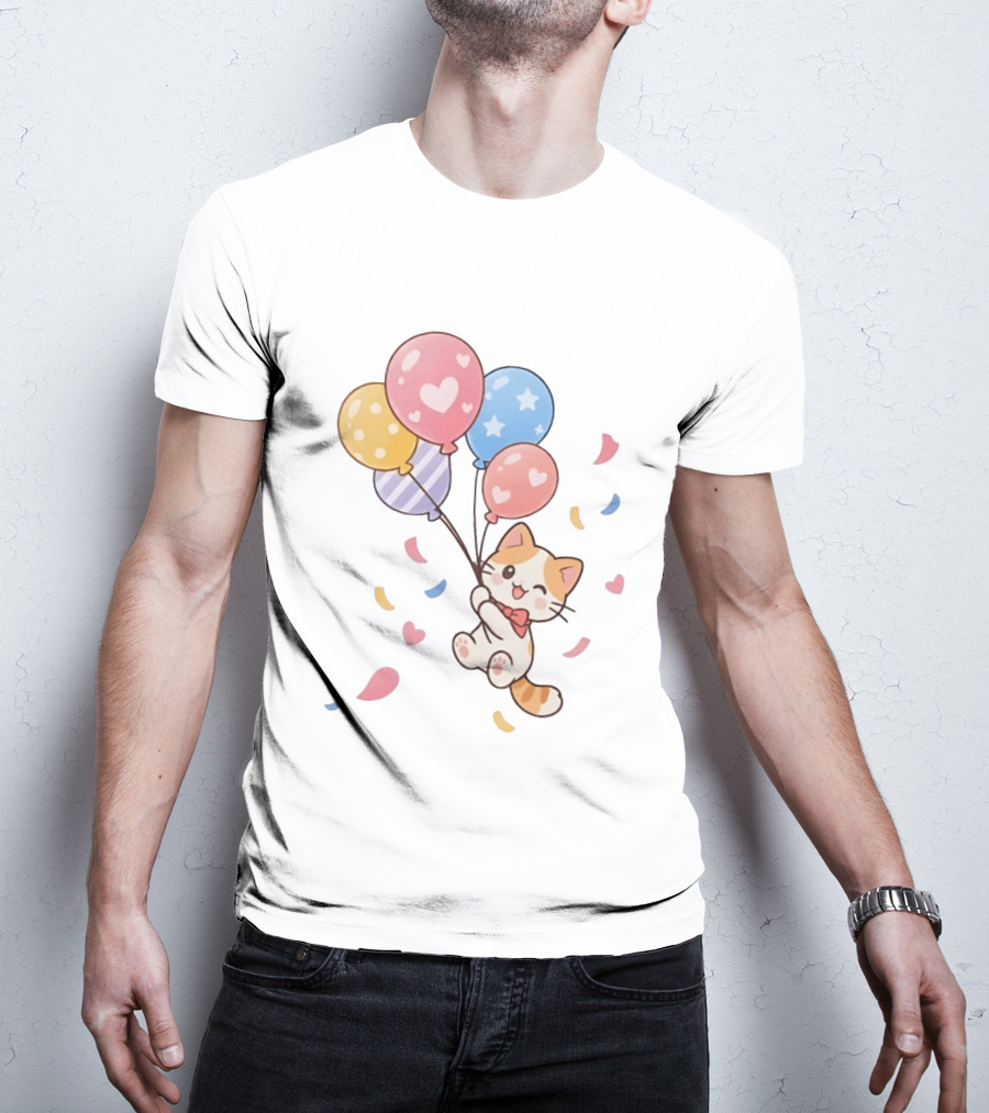Cat Floating With Colorful Balloons T-Shirt