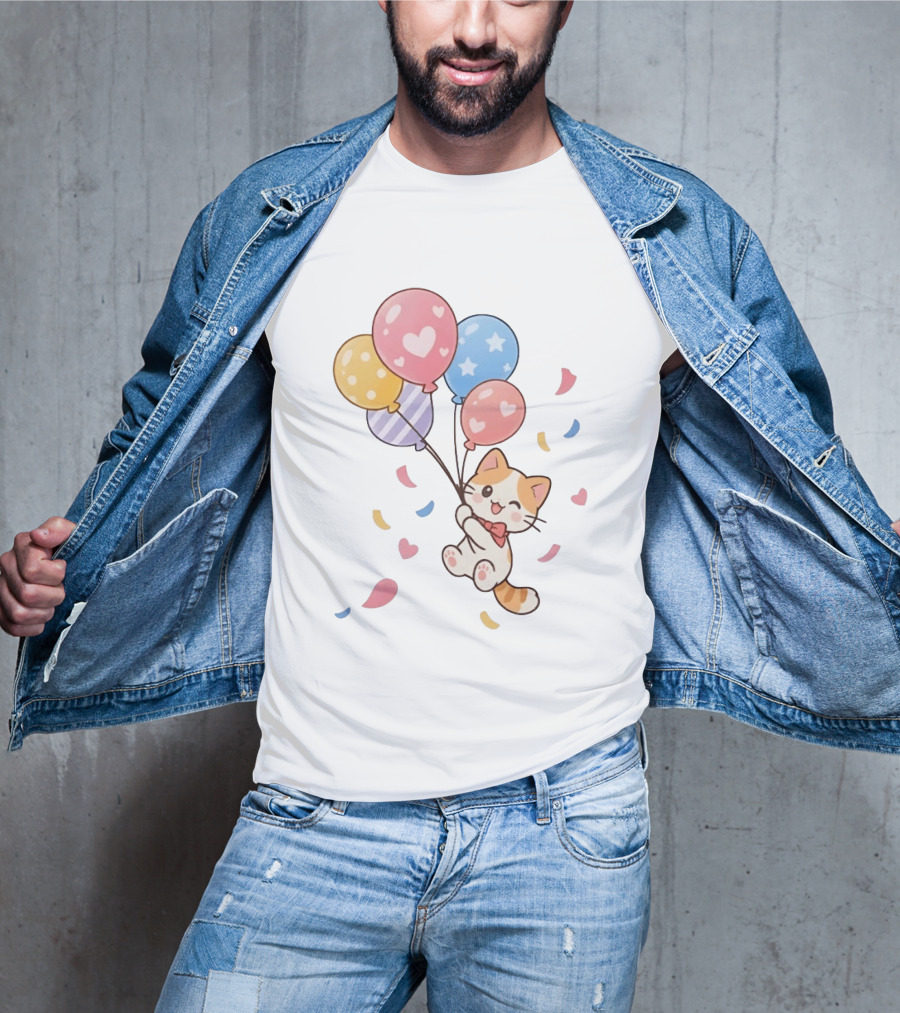 Cat Floating With Colorful Balloons T-Shirt