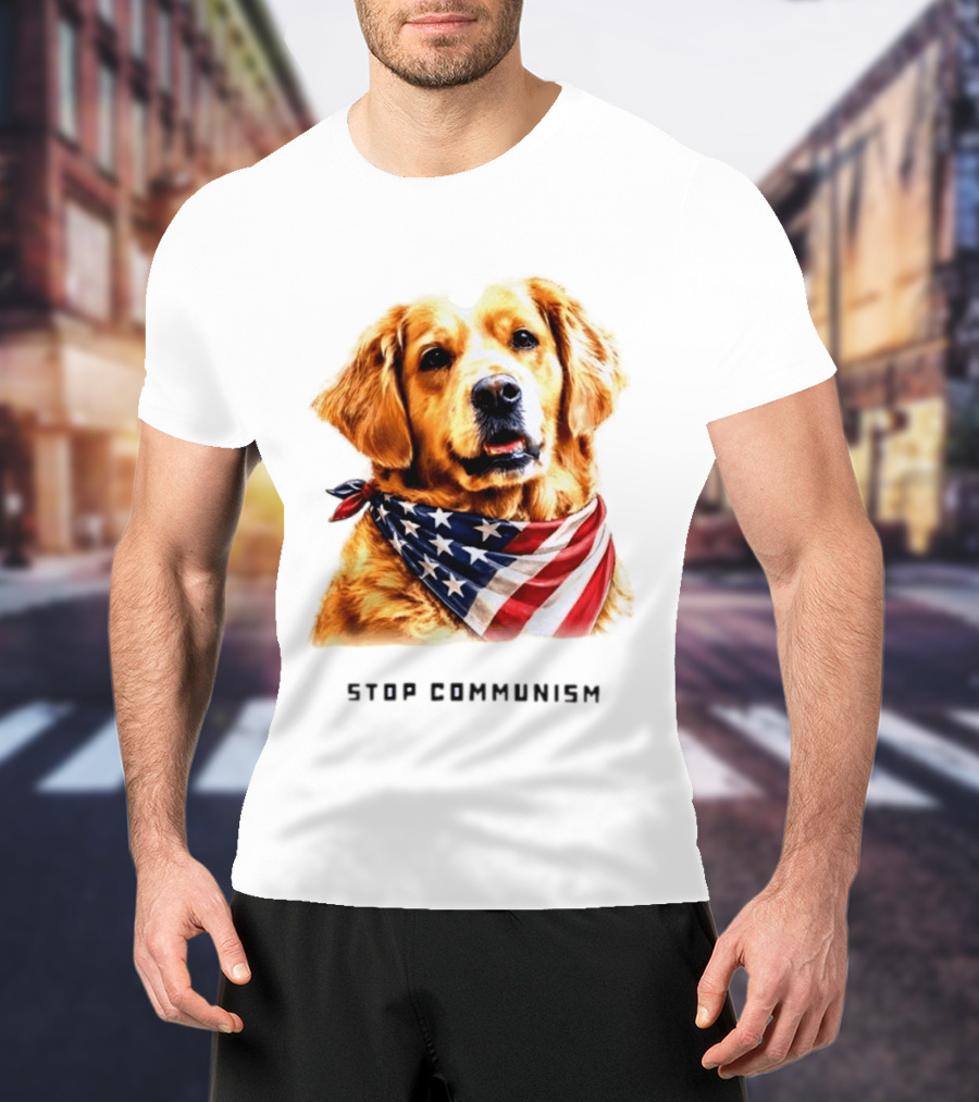 Golden Retriever Wearing American Flag Bandana Stop Communism T-Shirt