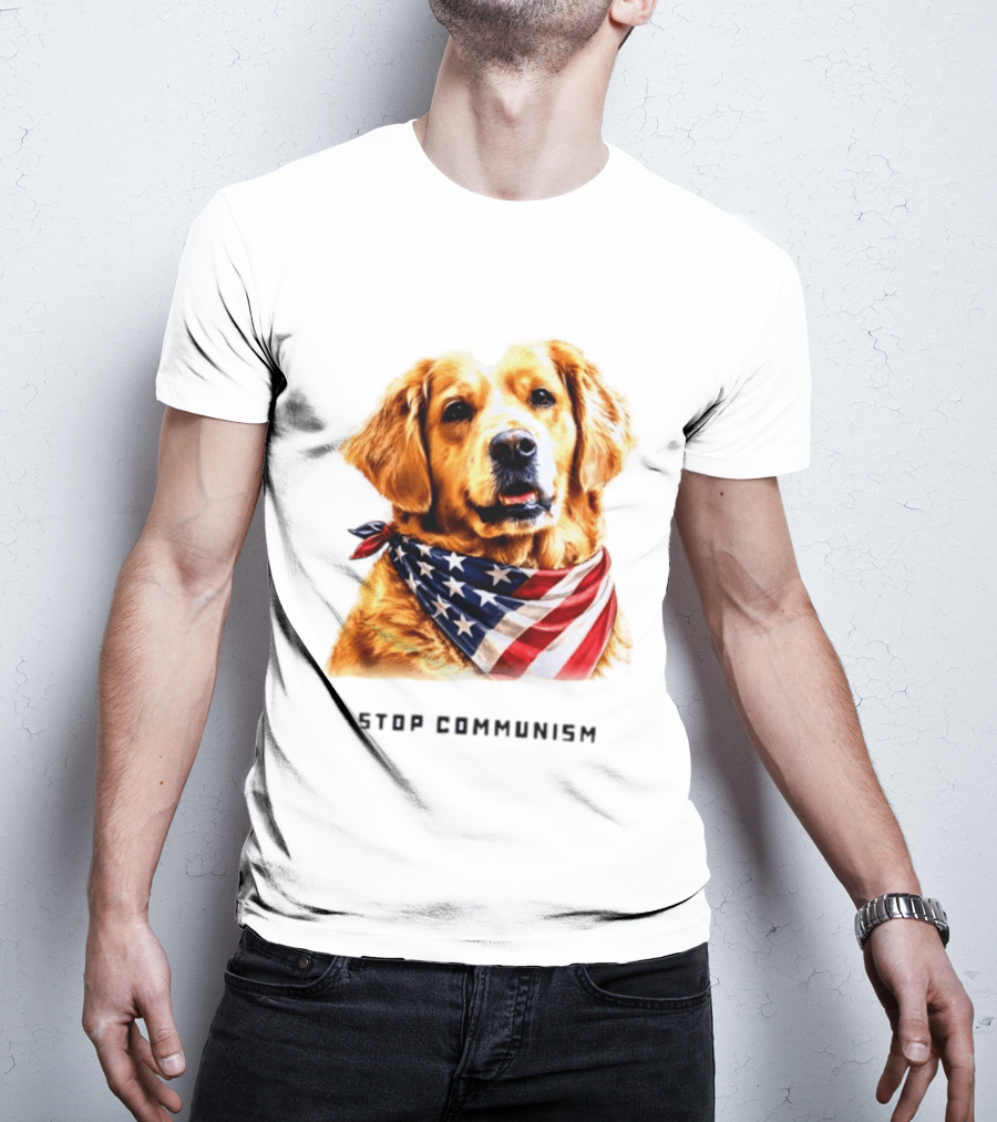Golden Retriever Wearing American Flag Bandana Stop Communism T-Shirt