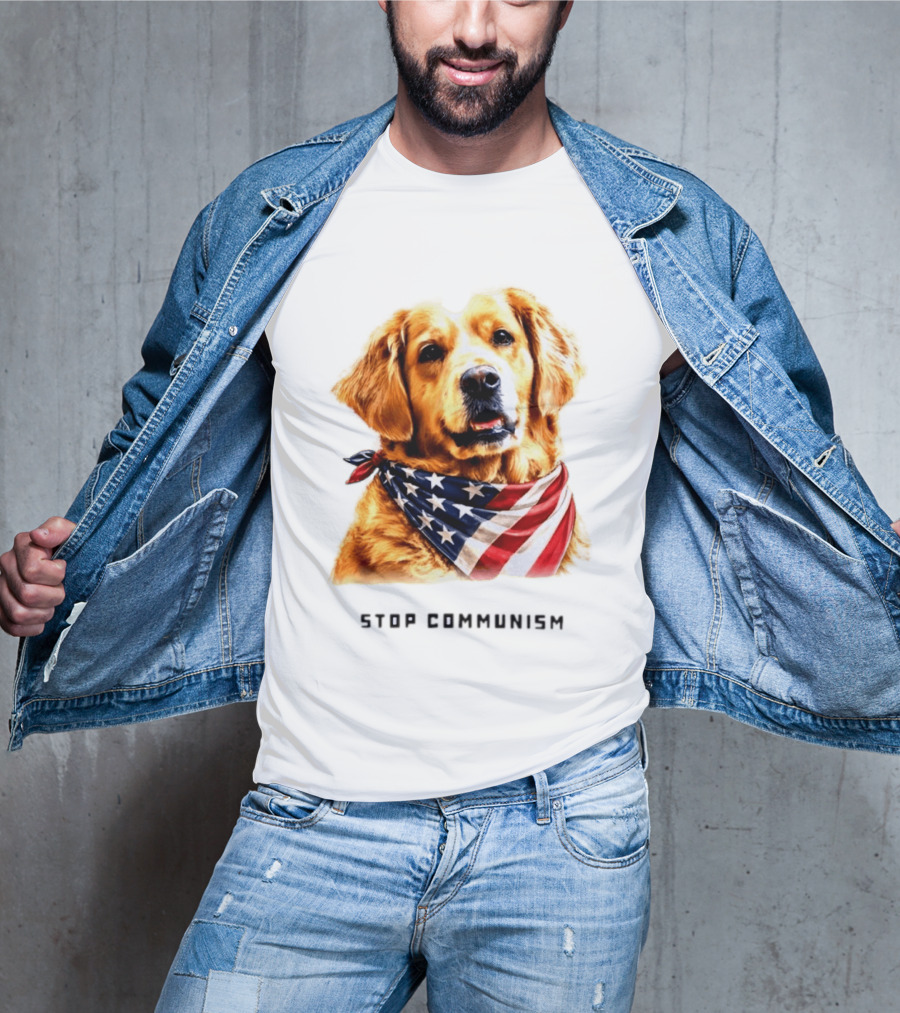 Golden Retriever Wearing American Flag Bandana Stop Communism T-Shirt