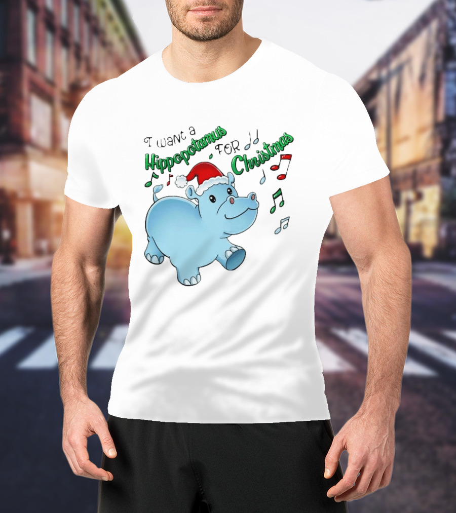 Inktastic I Want A Hippopotamus For Christmas Hippo In Santa Hat T-Shirt