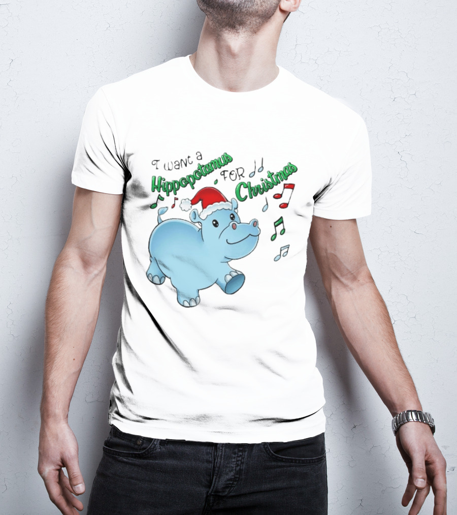 Inktastic I Want A Hippopotamus For Christmas Hippo In Santa Hat T-Shirt