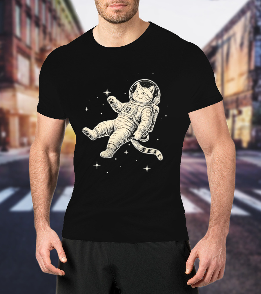 Astronaut Cat Floating In Space With Stars And Helmet T-Shirt