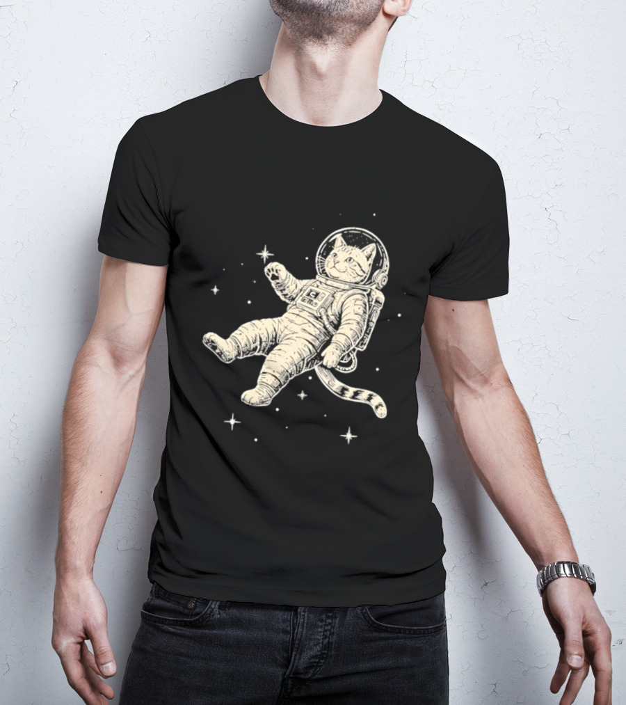 Astronaut Cat Floating In Space With Stars And Helmet T-Shirt