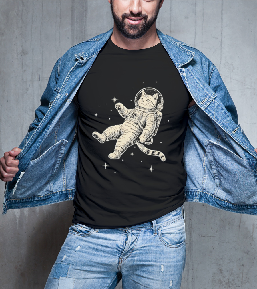 Astronaut Cat Floating In Space With Stars And Helmet T-Shirt