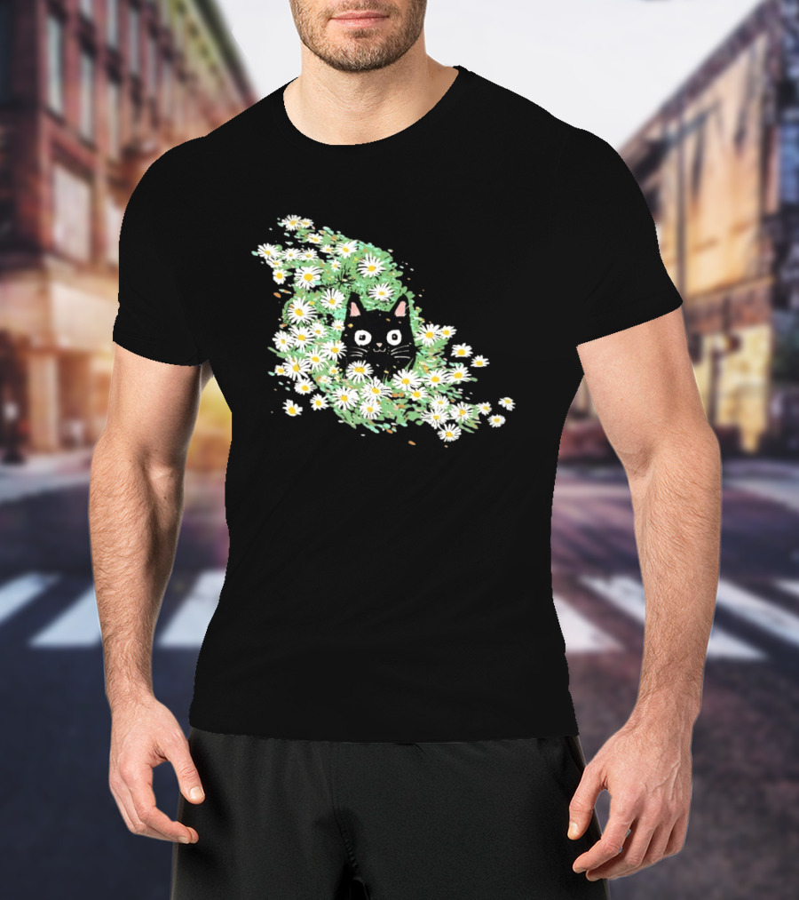 Black Cat Surrounded By Daisies In A Field T-Shirt