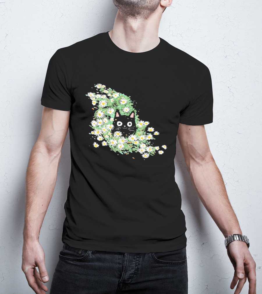 Black Cat Surrounded By Daisies In A Field T-Shirt