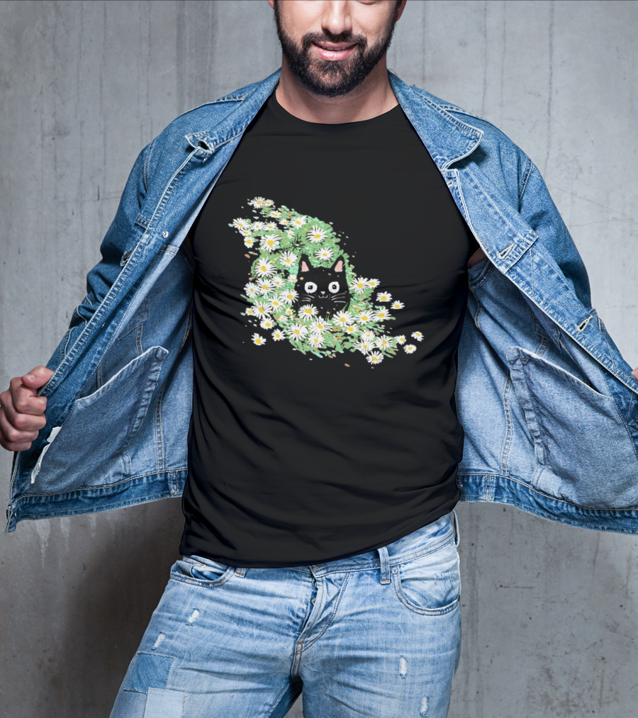 Black Cat Surrounded By Daisies In A Field T-Shirt