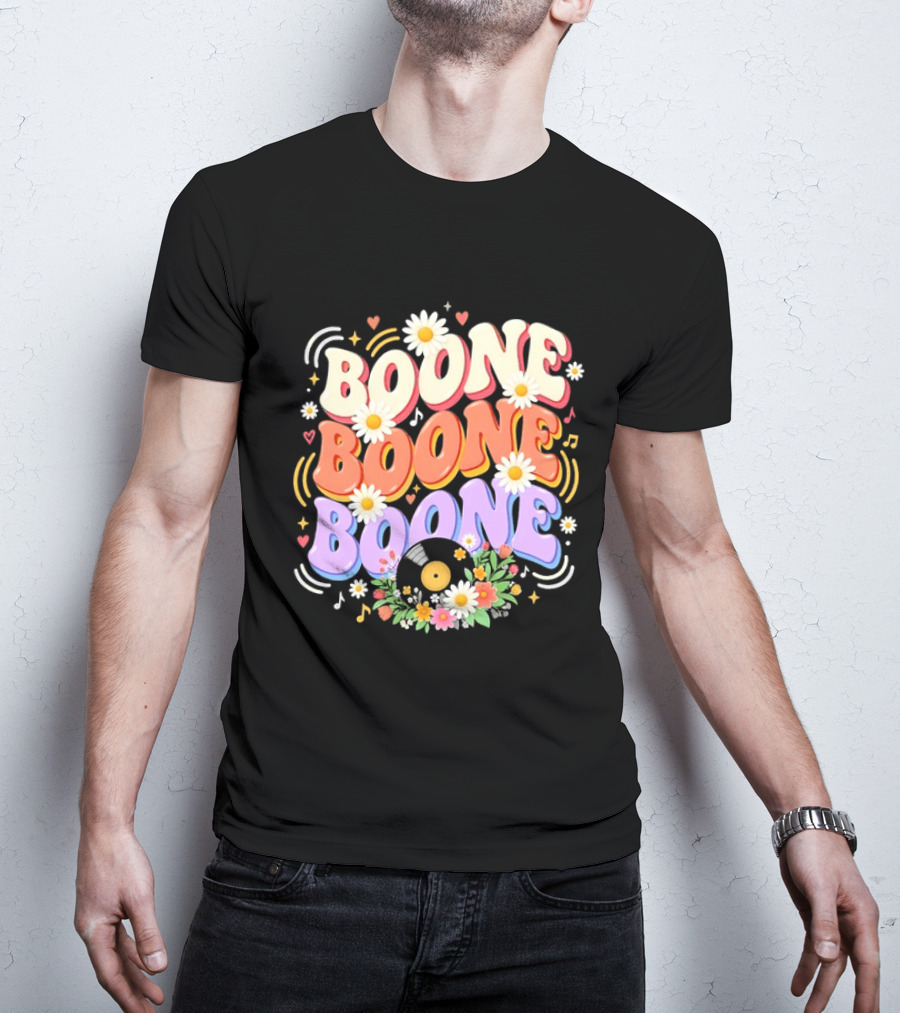 Boone Floral Vinyl Record Music Lover Colorful Daisy Notes Hearts T-Shirt