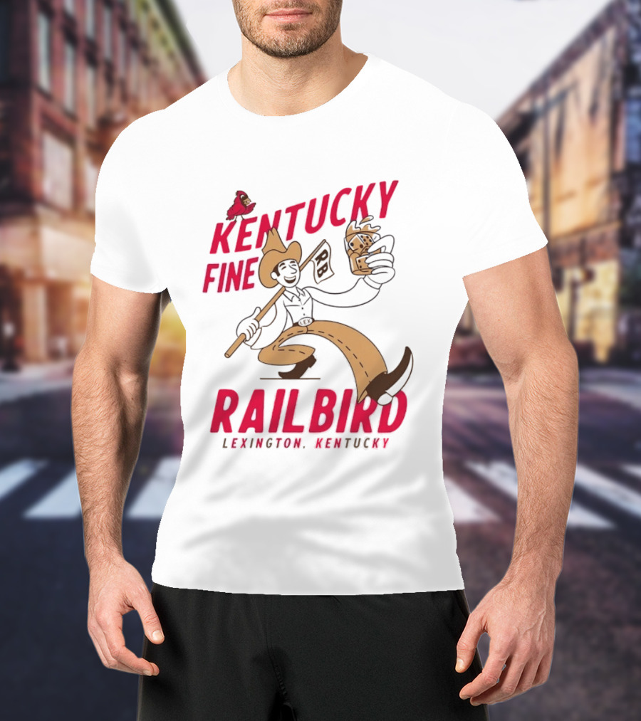 Kentucky Fine Railbird Lexington Kentucky Cowboy With Trophy And Cardinal T-Shirt