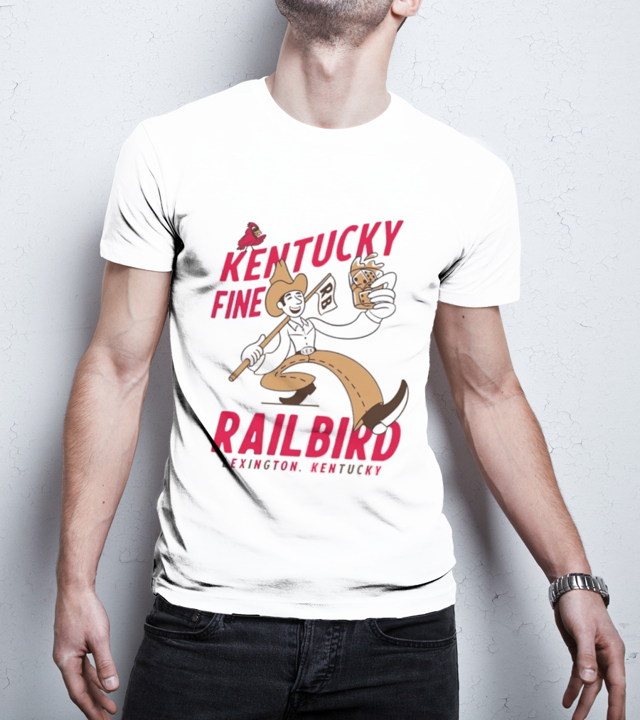 Kentucky Fine Railbird Lexington Kentucky Cowboy With Trophy And Cardinal T-Shirt