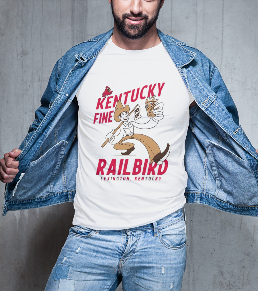 Kentucky Fine Railbird Lexington Kentucky Cowboy With Trophy And Cardinal T-Shirt