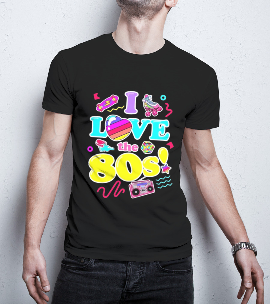 I Love The 80s Nostalgia Roller Skates Boombox Rubik's Cube Retro Fun T-Shirt