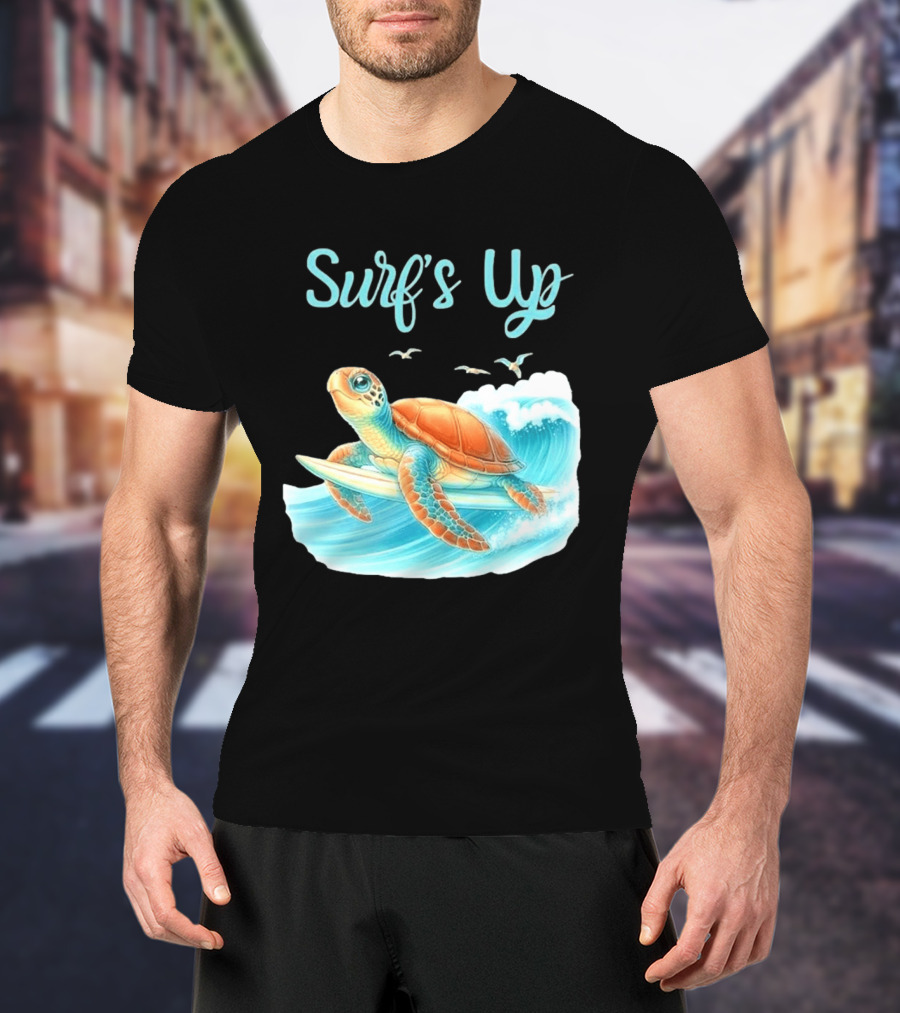 Surf's Up Turtle Riding Surfboard On Big Wave T-Shirt