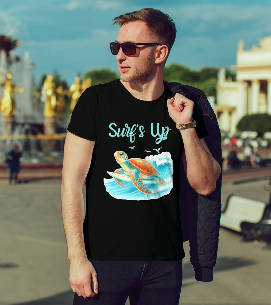 Surf's Up Turtle Riding Surfboard On Big Wave T-Shirt